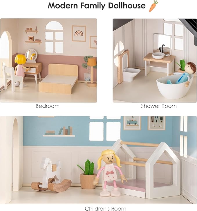 Wooden Dollhouse for Kids, 6-Room Modern Style Toy Doll House Playset with 26 Furniture & Functional Doors, 1:12 Scale Open Plan Dollhouse Designed for 4-6 Inch Dolls, STEM Creative Gift for Ages 3+