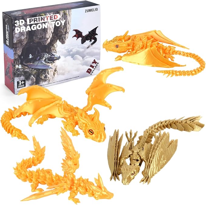 4PCS 12 Inch 3D Printed Dragons, Feathered Wyvern Figure with Wings, Dragon Desk Decor, Collectible Toy for Dragon Lovers(Glod-C)