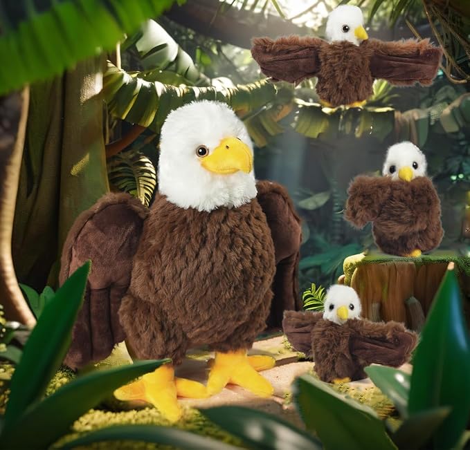 4 Pcs Bald Eagle Stuffed Animal, 14" Zippered Large Mommy Stuffed Eagle Plush with 3 Baby Bald Eagles Toys, Wild Zoo Animals Gifts for Kids Boys Girls Birthday Christmas