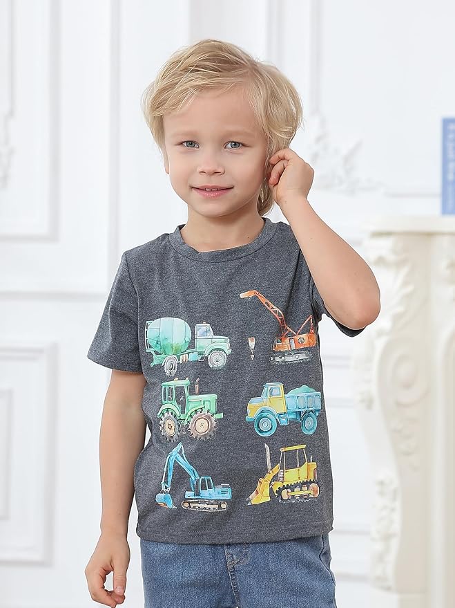 Lovekider Cotton Shirt for 3-6T Boys Truck Dinosaur Toddler Kids T-Shirt Short Sleeve Excavator Construction T-Rex Tee Shirts