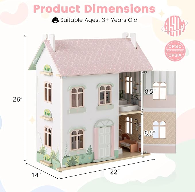 HONEY JOY Doll House, 3-Story Wooden Dollhouse Playset w/Double-Sided Roofs, 5 Rooms, 19 Accessories & Miniature Furniture, Pretend Play Toddler Big Doll House, Gift for Kids Aged 3+ (Pink, 2.2 FT)