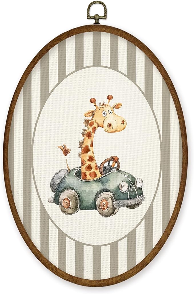 WULQYING Vintage Giraffe Race Car Nursery Wall Art Decor, Kids Oval Framed Canvas Art Prints, Neutral Striped Giraffe Driving Car Wall Hanging Decor for Kids Boy Nursery Room Playroom, 8.5x11.4 Inches