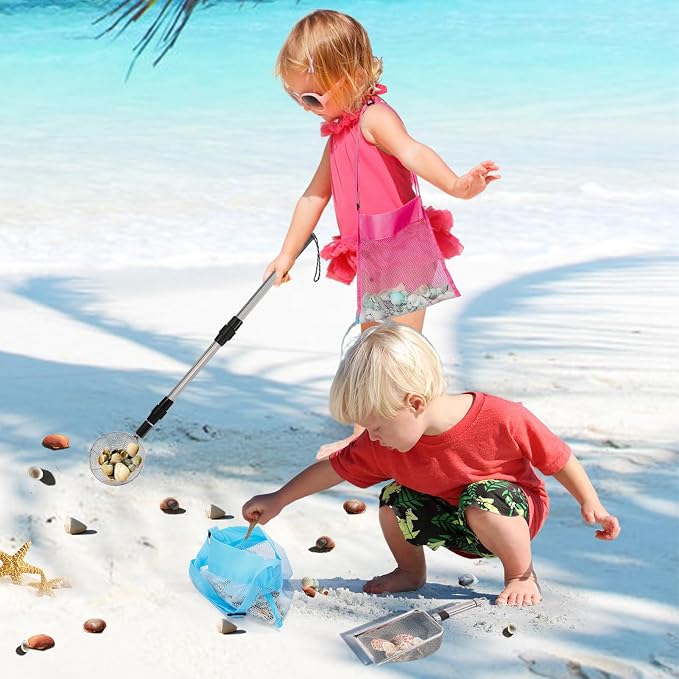 Biggun 2 Pack Shark Tooth Sifter with Seashell Bags, 21.8in~34in Adjustable Sand Sifter & Beach Shovel, Beach Sand Toys for Kids Adults Picking Up Shells Girls Boys Gifts