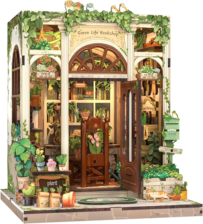 Cutefun Book Nook Kit - DIY Miniature Dollhouse Booknook Kit for Adults and Teens, 3D Wooden Puzzle Bookshelf Insert Decor with LED Light, Gifts for Book Lovers and Beginners (Green Life Bookshop)