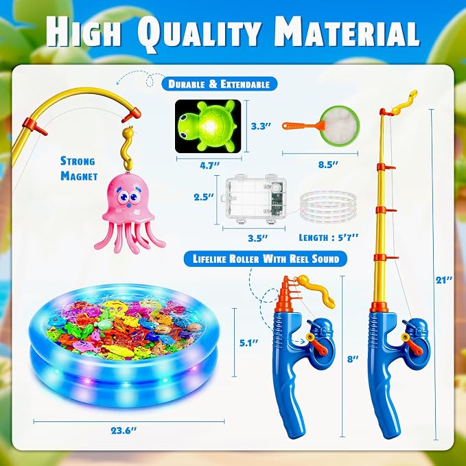 CozyBomB™ Magnetic Fishing Toys Game Set for Kids | Water Table Bathtub Kiddie Pool Party Pole Rod Net, Outdoor Plastic Floating Fish, Toddler Bath Color Ocean Sea Animals Birthday Gift Age 3-5 6 4-8
