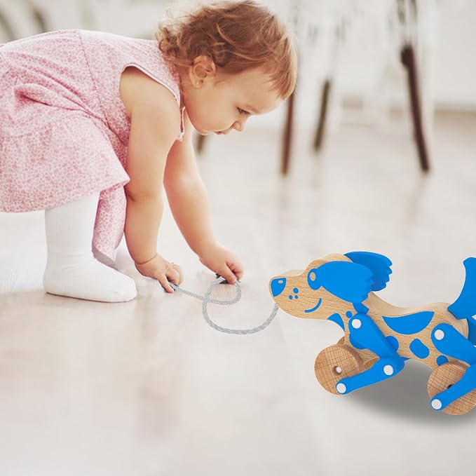 Montessori Toys 1 2 3 4 Years Old Boys Girls Wooden Walking Pull Dog Toy for Baby Toddler, Pull Along Walking Toys, Walk Along Puppy Pull, Wooden Pull & Push Toy (Blue)