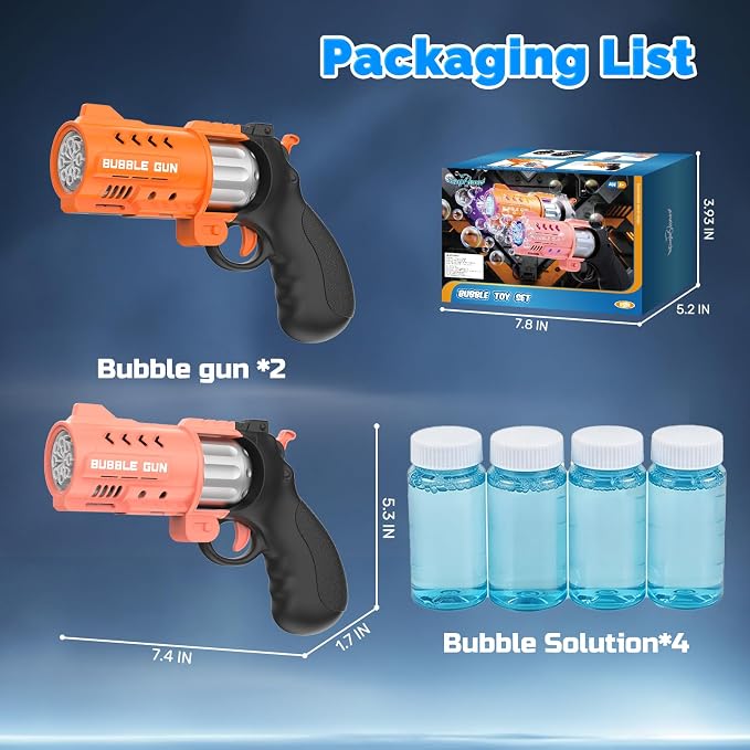 EagleStone 2 Pack Revolver Bubble Guns for Kids, Swing-Out Cylinder, 8000+ Bubbles/Min, LED Light Up, 4 Bubble Solution Bottles, Outdoor Indoor Toy, Birthday Easter Gifts for Toddlers