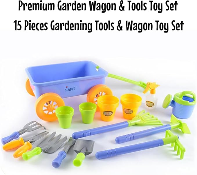 Dimple Garden Wagon & Tools Toy Set, Kids Gardening Set - 15 Pcs Outdoor Toys for Toddlers,Sand Toys - Sturdy & Durable Top Yd, Beach, Sand, Garden Play Set for Kids & Toddler Gardening Tools, Age 3+