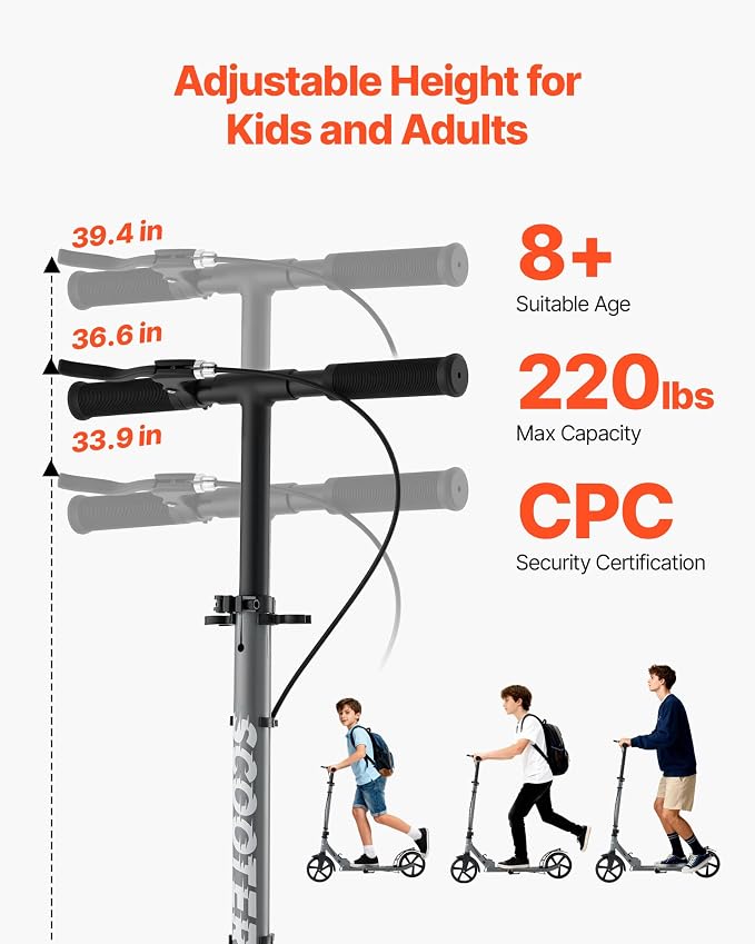 VEVOR Kick Scooter for Kids Ages 8+, Teens & Adults, 2-Wheel Toddler Scooter with Adjustable Height Handlebar, Wide Anti-Slip Deck, Foldable Lightweight Frame for Boys & Girls up to 220 lbs, Gray