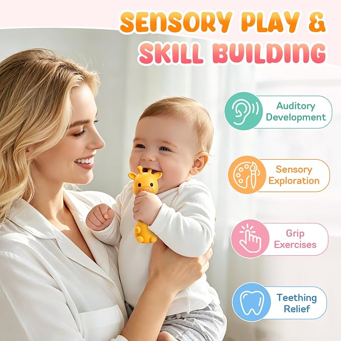 Baby Rattles Teething Toys 3-6 6-12 Month, Multi-Functional BPA-Free Silicone Teether Toys for Teething Relief & Sensory Rattle Play, Perfect Infant Newborn Toys & Baby Gifts (Yellow)