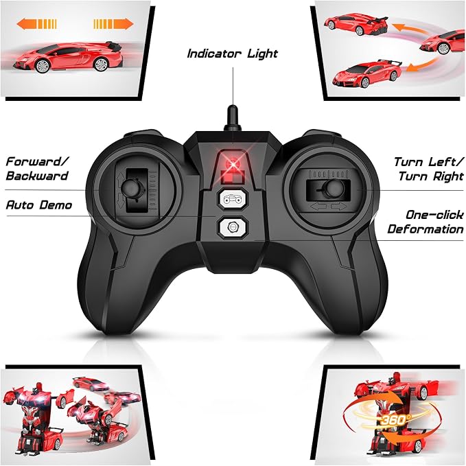 Qumcou Transform Remote Control Car, RC Cars for Boys Age 3-5 6-8, One-Button Transform Toy Cars, 2.4GHz, 360° Spin, 1:16 Scale, Flashing Headlight,3-8 Year Old Grandkids Christmas Birthday Gifts