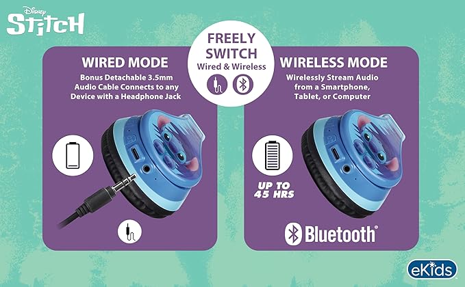 Disney Stitch Bluetooth Headphones for Kids, Wireless Headphones for School, Home or Travel