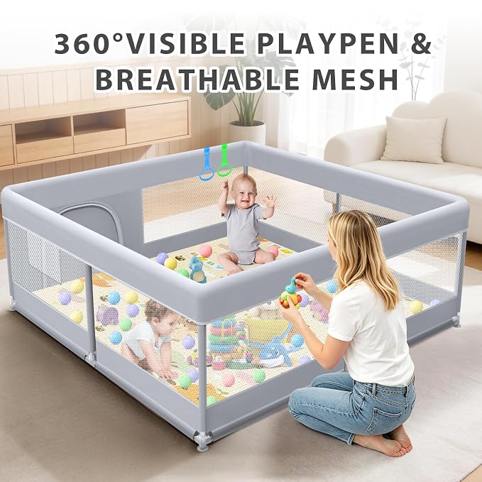 XVISHX Baby Playpen with Mat, 50x50 Inch Play Pen, Playpen for Babies and Toddlers, Baby Playard for Indoor & Outdoor Active Center Game Fence, with Skin-Friendly Fabric and Soft Breathable Mesh