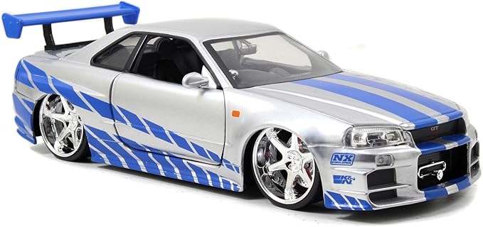 Jada Toys Fast & Furious Brian’s 2002 Nissan Skyline R34 Die-cast Car, 1:24 Scale, Silver & Blue