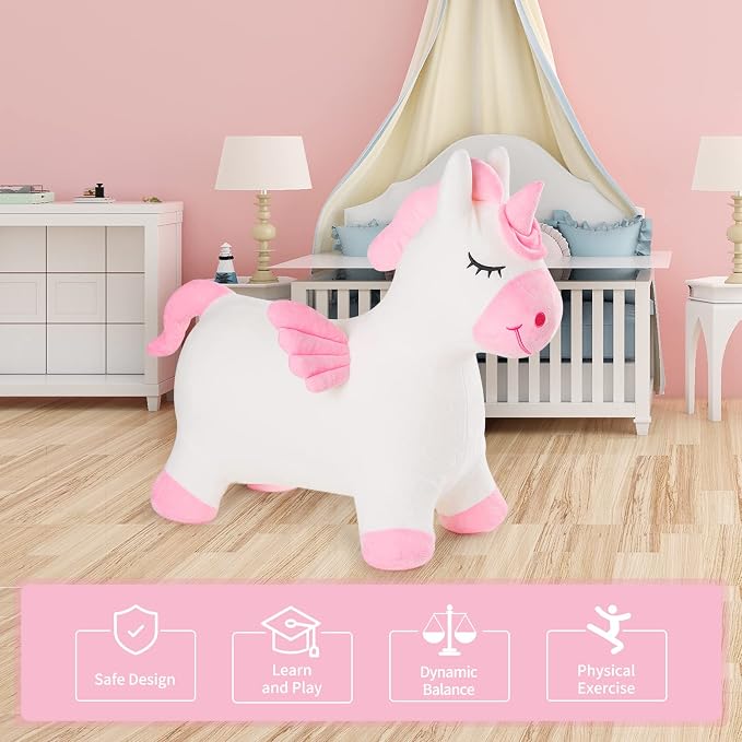 INPANY Unicorn Bouncy Horse Toys, Inflatable Unicorn with Ultra Thick Plush | Soft Washable Cover, Thick PVC, Stable 4-Leg Base, Cute Unicorn, Easy Inflation, Indoor & Outdoor Play, Gifts for 2-4 Kids