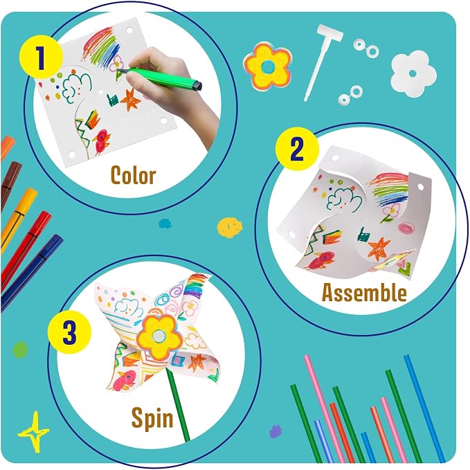 KwestSync 48 Pack DIY Pinwheels for Kids - Bulk Spring Summer Crafts for Kids 3-5, 4-6, 4-8, Color Your Own Paper Windmill - Great Activity for July 4th Patriotic Classroom Birthday
