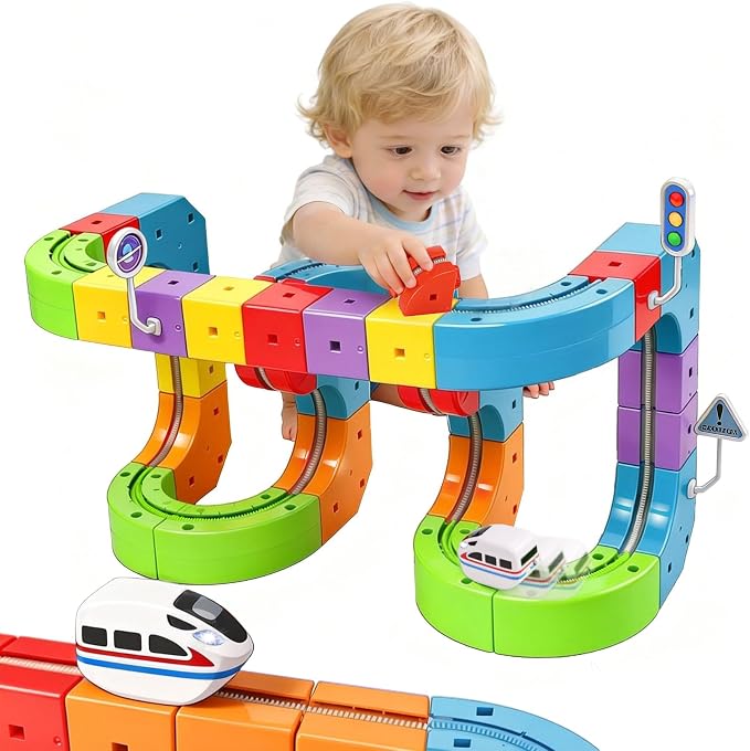 Electric Train Set for Kids, 83PCS Modular 3D Infinity Racer Magnetic Train Sets with Motorized Train, 3–8 STEM Building Train Tracks for Creative Learning, Electric Train Set Gift for Boys and Girls