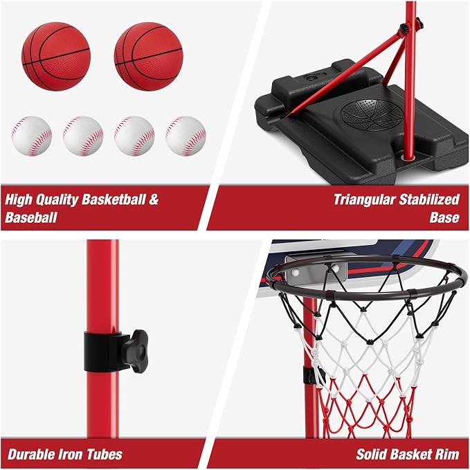 HYES 4 in 1 Kids Basketball Hoop and Tball Set for Toddlers 3-5, Adjustable Hanging Tee Ball Stand with Automatic Baseball Pitching Machine, Indoor Outdoor Sport Toys Birthday for Boys