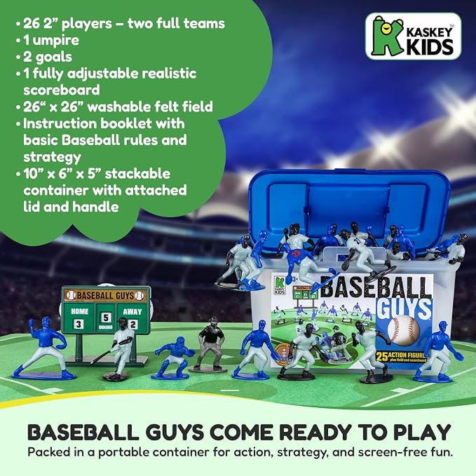 Kaskey Kids Baseball Guys, Red Gray vs. Blue White, 29 Pieces in Each Set, Includes 2 Teams, Accessories, and Travel Storage Case, Nostalgic Sports Action Figures for Imaginative Play, Ages 3 and Up