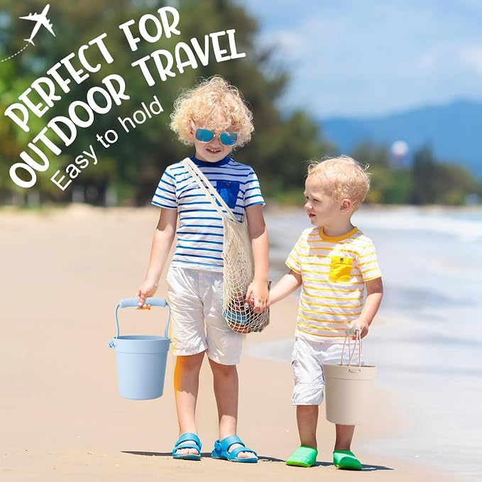 Hungdao 16 Pcs Silicone Beach Toys Travel Friendly Beach Set Colorful Toys Include 3 Silicone Bucket Pail, 3 Shovel, 9 Sand Molds, 1 Bag for Summer Pool Outdoor(Beige, Blue, Teal)