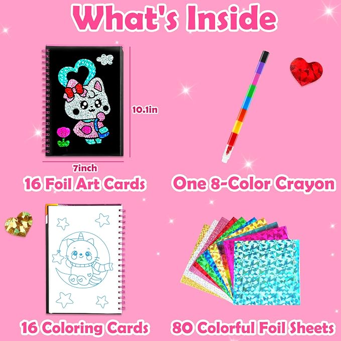 FUNNYB&G Foil Art Craft Kit for Girls 4-10 Years Old: Mess-Free & No-Glue, Create 16 Sparkly Cute Little Cat Pictures – Perfect Travel Toy & Birthday Gift for Kids (Little Cat)