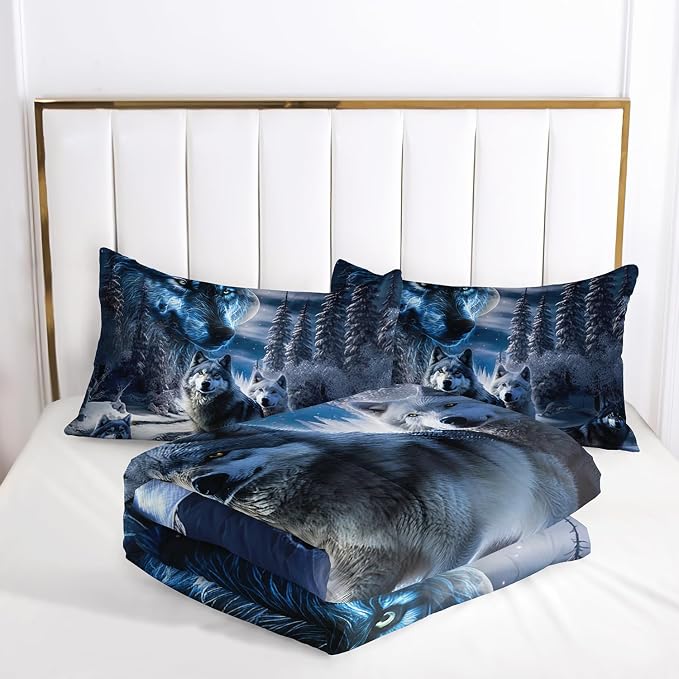 AILONEN Boys Bedding Set - Wolf Printed Comforter Set, Twin Size, 3Pcs Safari Wolves Duvet Set, 1 Quilt and 2 Pillowcases