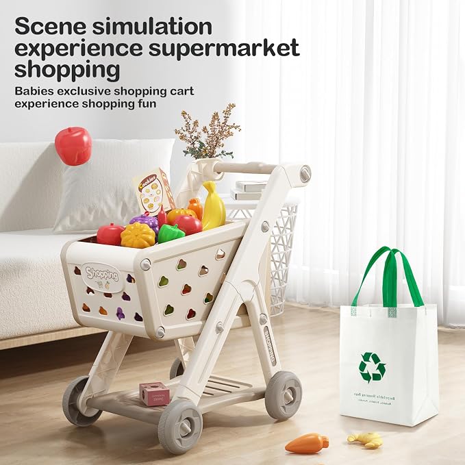 Jovow 102pcs Kids Shopping Cart Trolley Play Set with Pretend Food and Accessories,Perfect for Ages 3+ Pretend Play and Role-Playing Games（Khaki）
