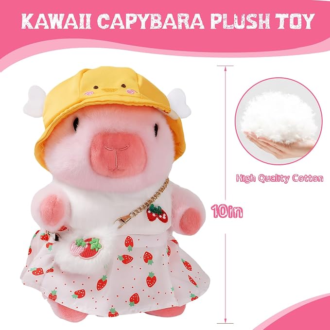 Capybara Plush Toy Capybara Plush with 9 Clothes and Accessories Super Soft Capybara Stuffed Animal for Kids Girls Boys 10.2inch (Cute Dress Capybara)
