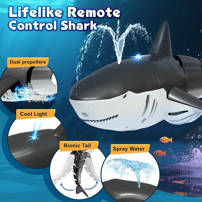 2.4Ghz RC Pool Toys Remote Control Shark for Boys Kids, Highly Realistic Shark Pool Toys for Kids, RC Boat Outdoor Water Toy with Light and Spray Water for Boys Girls Ages 6+ (with 2 Batteries)