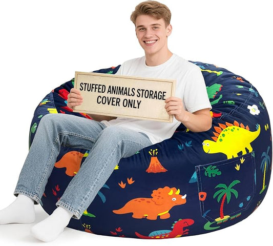 Lukeight Dinosaur Stuffed Animals Storage Bean Bag Chair Cover for Adult Teen, Cozy Velvet Plush Toy Organizer Seat, Cover Only, No Filling Included, Long YKK Zipper, Side Pocket, XXX-Large 42 x 23 in