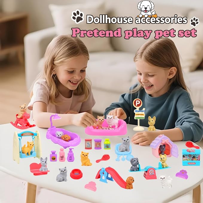 45Pcs Pet Pretend Play Toy Dollhouse Playset Accessories,Cat Puppy Dog Hamster Realistic Animals Tiny Mini Figures Furniture,Vet Care Center Preschool Educational Gift Boys Girls Kids Toddler