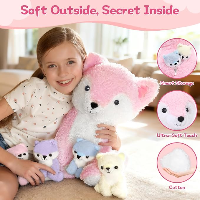 Muiteiur 5 Piece Fox Stuffed Animal Set, Soft Mommy Fox Plush Toy with 4 Cute Babies, Cute Stuffed Animal for Girls and Boys, Fun Gift for Kids, Pink 20inch