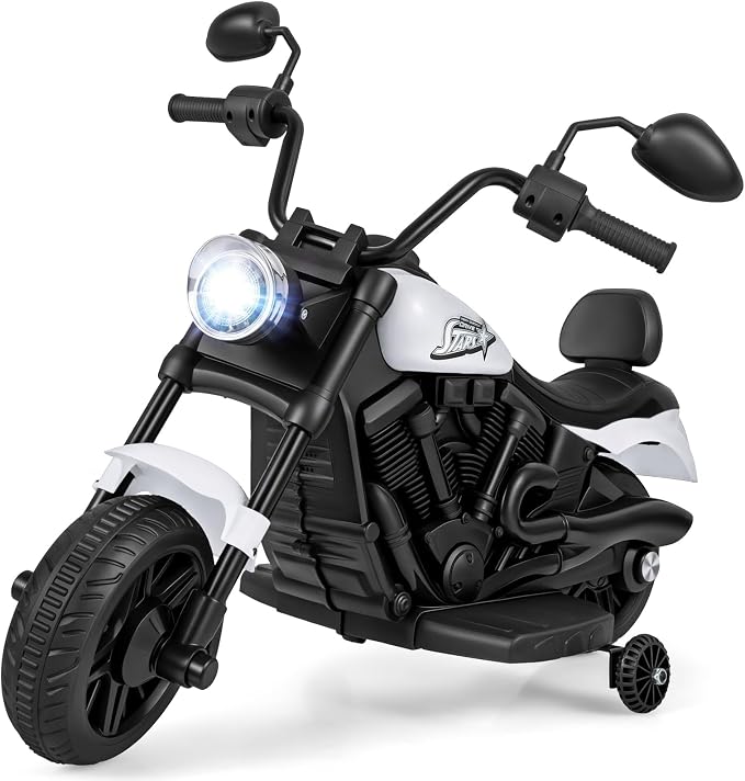 Costzon Kids Motorcycle, 6V Chopper Motorbike Ride on Toy with Headlight, Music, Training Wheels, Electric Toddler Motorcycle for Kids Boys Girls, Gift (White, 31" x 23" x 22"(L x W x H))