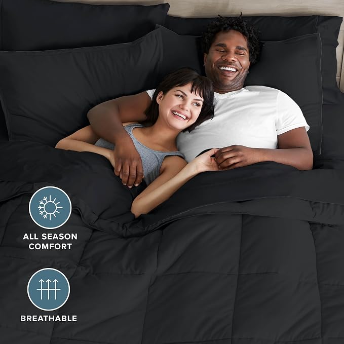 Bare Home Bed-in-A-Bag 7 Piece Comforter & Sheet Set - Queen - Goose Down Alternative - Ultra-Soft 1800 Premium - Bedding Set (Queen, Black/Black)