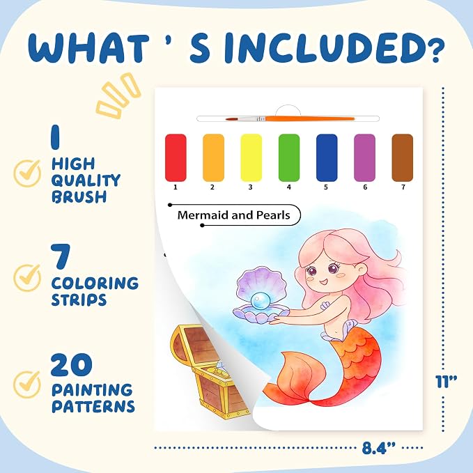 YPLUS Paint with Water Books for Toddlers, Watercolor Painting Paper Gift for Kids Ages 1-3, 2-4, 4-6, Art Craft Gift for Drawing with Brush Christmas Stocking Stuffers for Kids Toddler - Mermaid