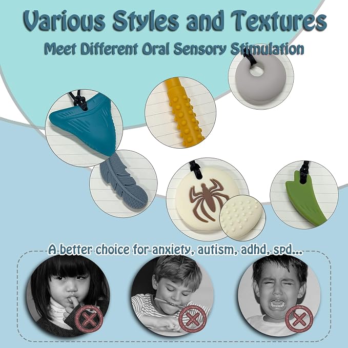 Chew Necklaces for Sensory Kids 6 Pack, Chewy Necklace Sensory Toys for Kids with Autism, ADHD, SPD, Silicone Boys Girls Chew Toys Teething Necklace Reduce Chewing Fidgeting