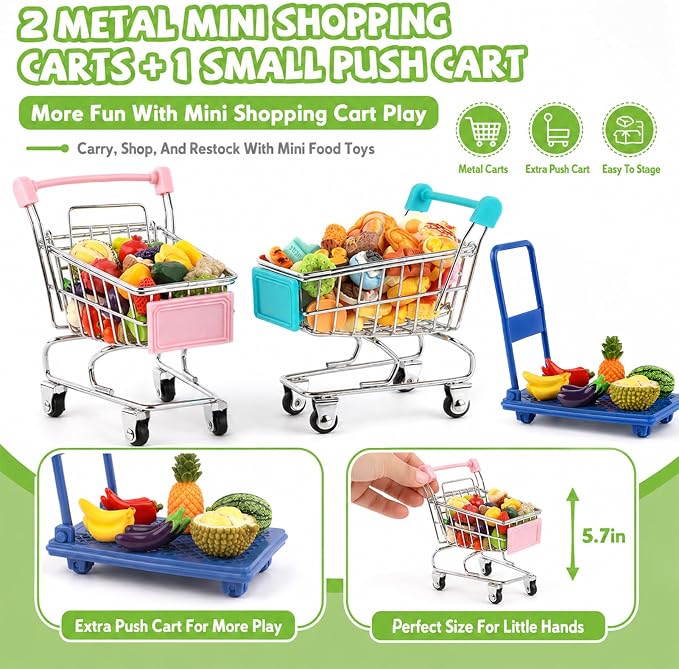 Mini Shopping Cart Basket, Miniature Grocery Toys 3 Supermarket Shelves Play Store 100+ Fruit Vegetable Cake Bread Mini Food Miniature Dollhouse Accessories with Push Cart