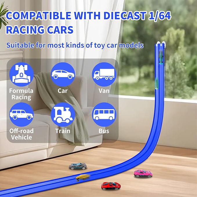 Flexible Race Track for Kids, 15FT Car Track with 4 Suction Cups and 6 Different 1/64th Cars - STEM Racing Toy for Boys & Girls Ages 3+ (Blue)