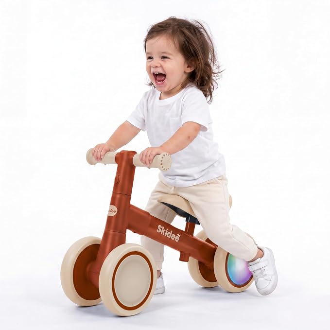 SKIDEE Toddler Balance Bike 1-3, 4-Wheel Balance Bike with Rare Light-Motion-Activated LED Wheels, Adjustable Height & Child Safe Steering, Lightweight Ride-On Toy Training Bike for Boys & Girls