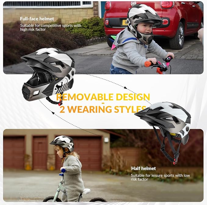 ROCKBROS Kids Full Face Helmet Kids Bike Helmets Lightweight Toddler Mountain Bike Helmet Detachable for MTB BMX Skating Cycling Scooter Safety Bicycle Helmets for Youth Child Boys Girls Ages 3-16