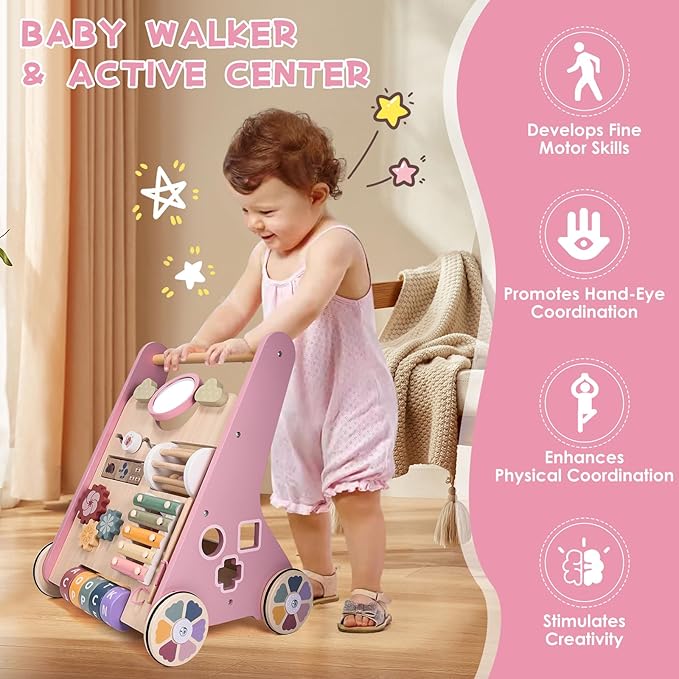 Wooden Baby Walker with Wheels, Adjustable Speed Baby Push Walker, Montessori Walking Toys for Girls Boys, Push and Pull Learning with Baby Activity Center, Christmas Birthday Gifts for Toddler