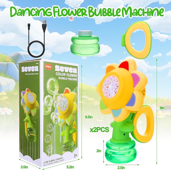 Vodolo Seven Color Flower Bubble Machine,7 Color Sunflower Rechargeable Bubble Blower with Lights for Kids Ages 4-8,Toddlers 3 and up Automatic Bubble Maker for Bathtub Bath,Summer Outdoor Toys