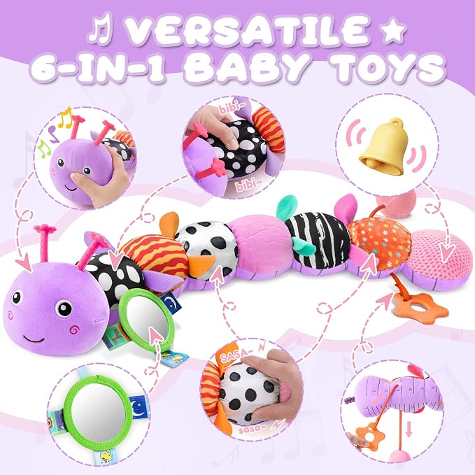 AWOTOY Baby Toys 0-6-12 Months,Musical Caterpillar Stuffed Animals Activity Infant Toys with Crinkle,Rattles,Mirror&Pull String,Muti-Sensory Toys Gifts for Newborn Tummy Time,Taro Purple|Leafy