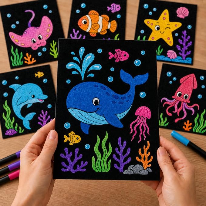 Cinrobiye 48 Pcs Velvet Coloring Posters Summer Fuzzy Posters to Color Bulk Felt Ocean Animal Coloring Page Craft for Adults Teenagers All Ages Classroom Assisted Living Festive Holiday Activity