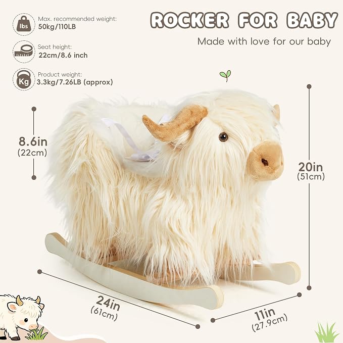 Baby Rocking Horse,Highlander Cattle Rocking Toy for 1+ Year Old Boys and Girls Rocking Horse for Kids Room Nursery Birthday Party Shower Gift Wood Animal Rocker French Design 3-Side Seat PP Cotton