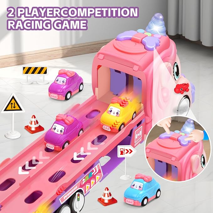 Unicorn Car Toys for Age 3 4 5 6 Year Old Toddler Girl, Foldable Track & 2 Player Race Mode Game, Light & Sound Push Transport Carrier Truck W/ 9 Princess Toy Cars, Birthday Gift for Girls Age 4-6