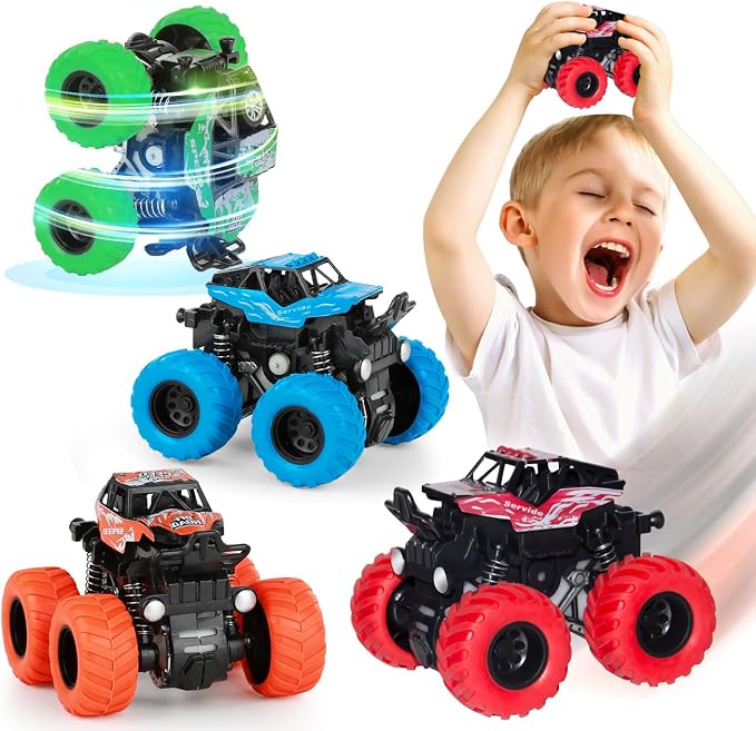 LONANDY Monster Truck Toys for Boys Age 4-7 - Friction Powered Car Toys for Kids Toddlers 3 4 5 6 Years, Push and Go Toy Cars Best Christmas Birthday Party Gift for Boys Girls 4 Pack