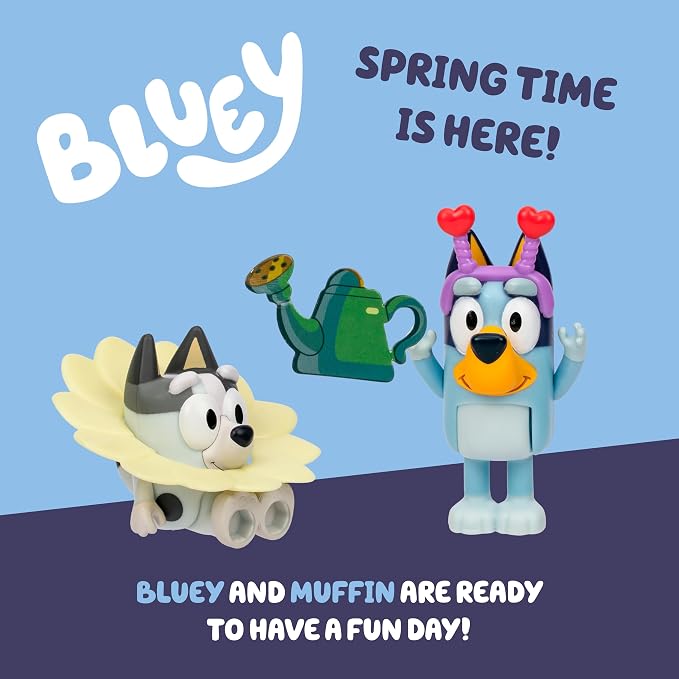 Bluey and Muffin 2-Pack Toy Figure Playset, Spring Time Toddler Figurine Toys Set with Dressup Accessories, Poseable Bluey Figurines for Kids Ages 3-5