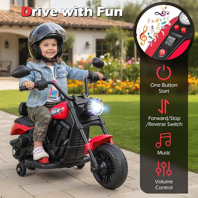 Costzon Kids Motorcycle, 6V Chopper Motorbike Ride on Toy with Headlight, Music, Training Wheels, Electric Toddler Motorcycle for Kids Boys Girls, Gift (Red, 31" x 23" x 22"(L x W x H))