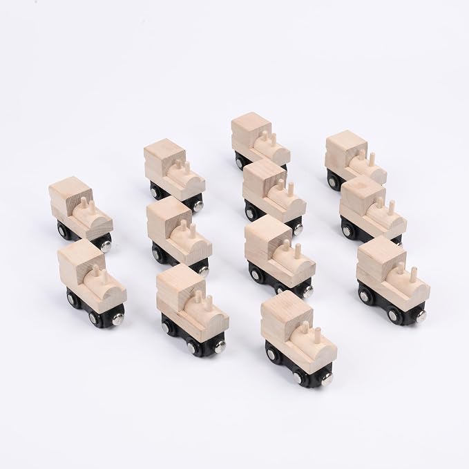 12 Pcs Unpainted Wooden Train And Stickers - Craft Kit – Magnetic Engines with 12 Sticker Sheets – Compatible with All Major Wooden Railway Brands – Art Project for Kids & Birthday Party Favors